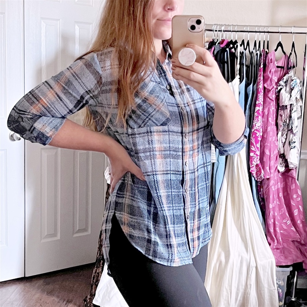 Blue Plaid Button Down Shirt Blouse Semi Sheer Roll Tab Sleeve Women Small New - Picture 2 of 8